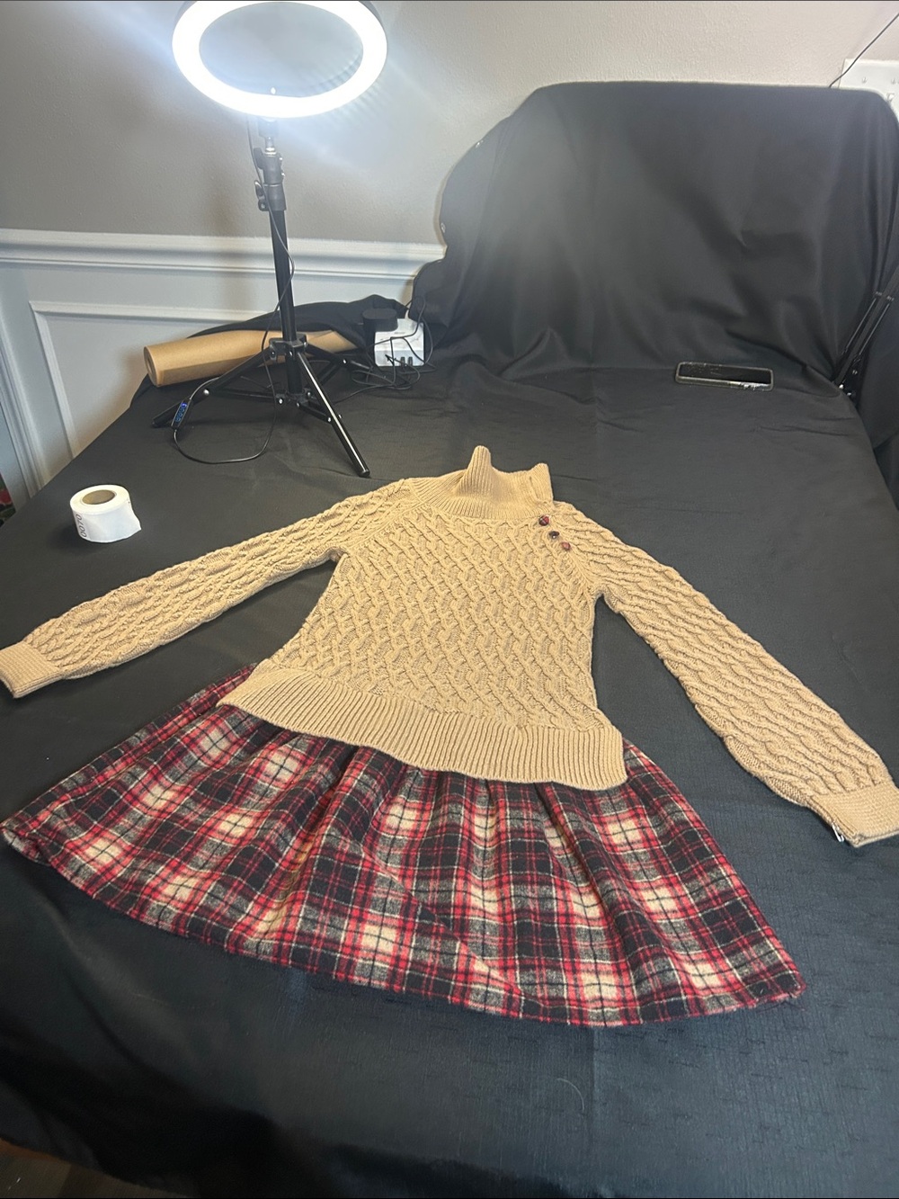 Tommy Bahama Beige Cable Knit Top with Red Plaid Skirt Dress